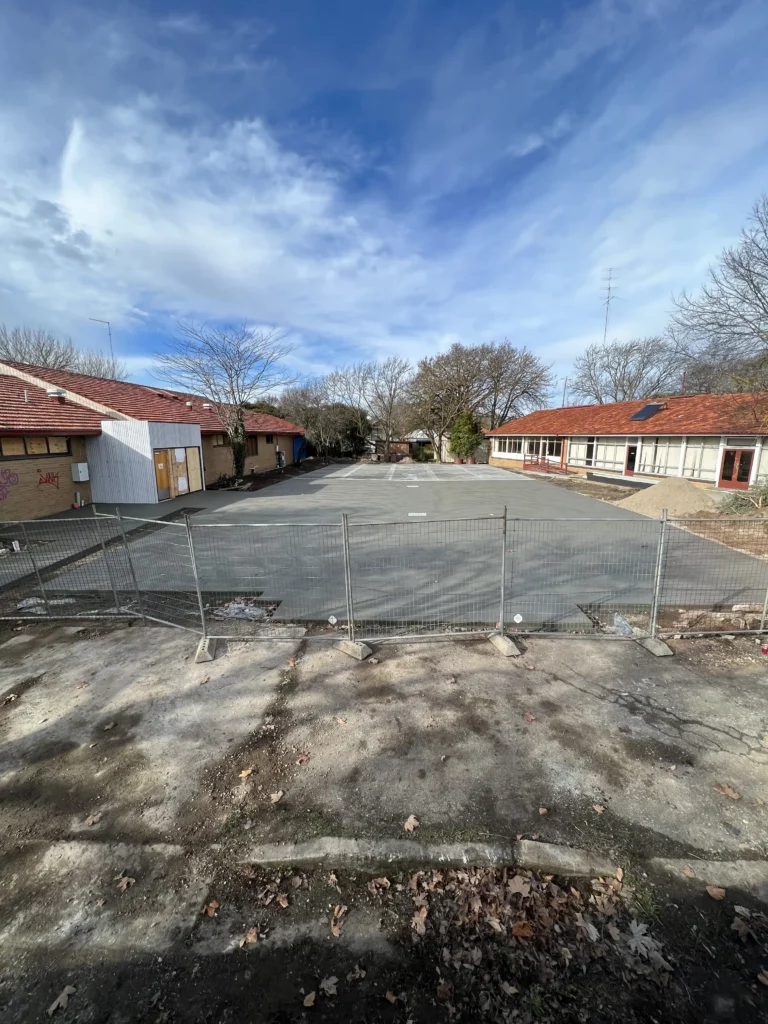 Graded car park site with temporary fencing, preparing for concrete pouring in Ballarat.